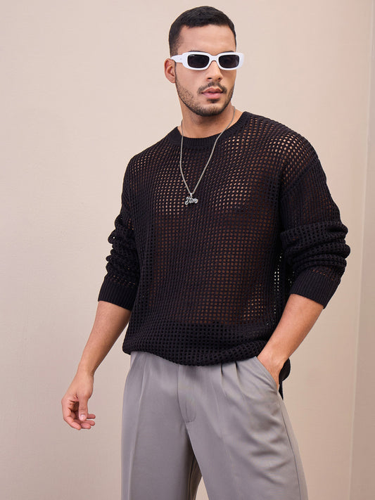 Men Unisex Black Oversize Crochet Sweater