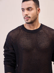 Men Unisex Black Oversize Crochet Sweater