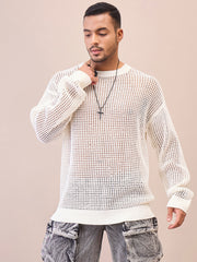 Men Unisex Off White Oversize Crochet Sweater