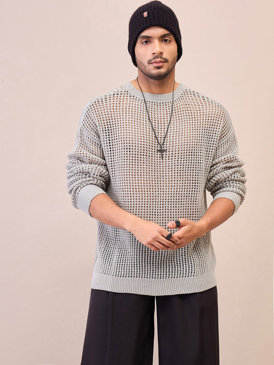 Men Unisex Light Grey Oversize Crochet Sweater