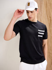 Men Black Premium Loose-Knit Contrast Pocket-T-Shirt