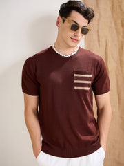Men Brown Premium Loose-Knit Contrast Pocket T-Shirt