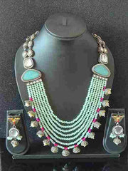 Mint Beaded Long Rukmani Stone-Studded Necklace Set