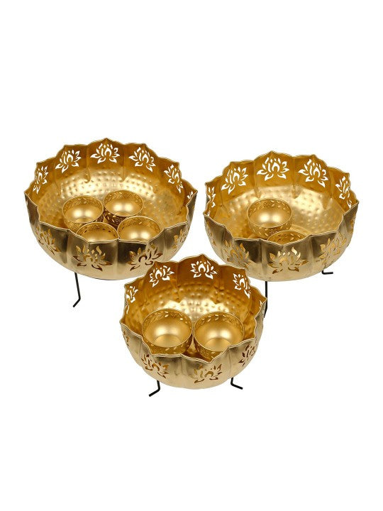 tied ribbons gold toned 11 pcs lotus urli decorative bowls with stand