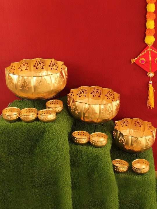 tied ribbons gold toned 11 pcs lotus urli decorative bowls with stand