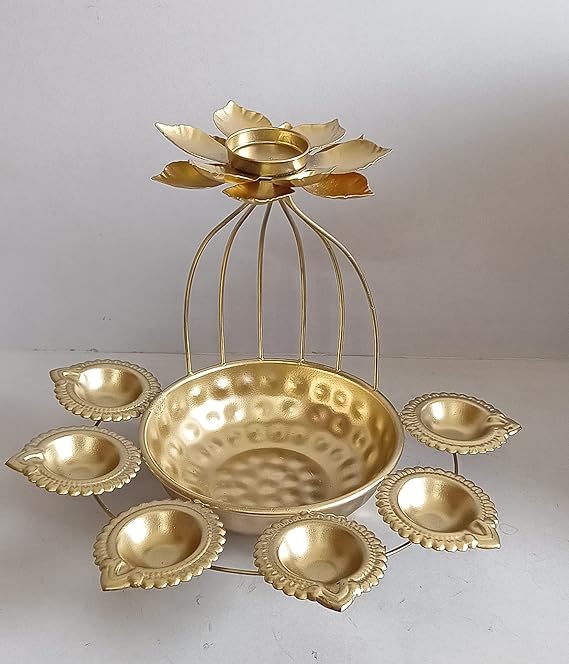 Urli Bowl Flower Design with Diya Shape Tealight Candle Holder Iron Decorative Bowl 