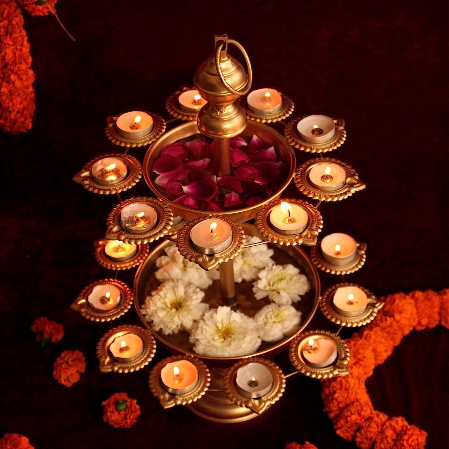 Metal Gold Urli Bowl with Diya Urli Bowl for Home Decoretion Candle Stands with Diya