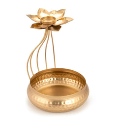 Metal Lotus Tealight Candle Holder with Base of Urli Bowl