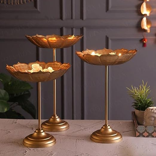 Metal Lotus Tealight Candle Holder with Base of Urli Bowl