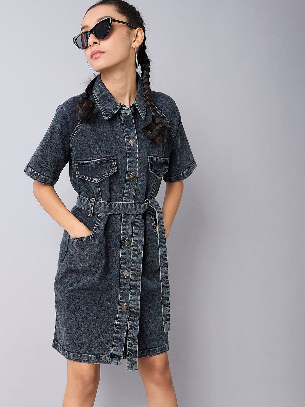 Girls Black Acid Wash Denim Shirt Dress