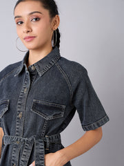 Girls Black Acid Wash Denim Shirt Dress