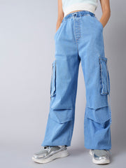 Girls Ice Blue Side Pockets Cargo Jeans