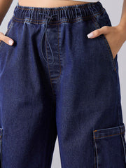 Girls Blue Wash Side Pockets Cargo Jeans