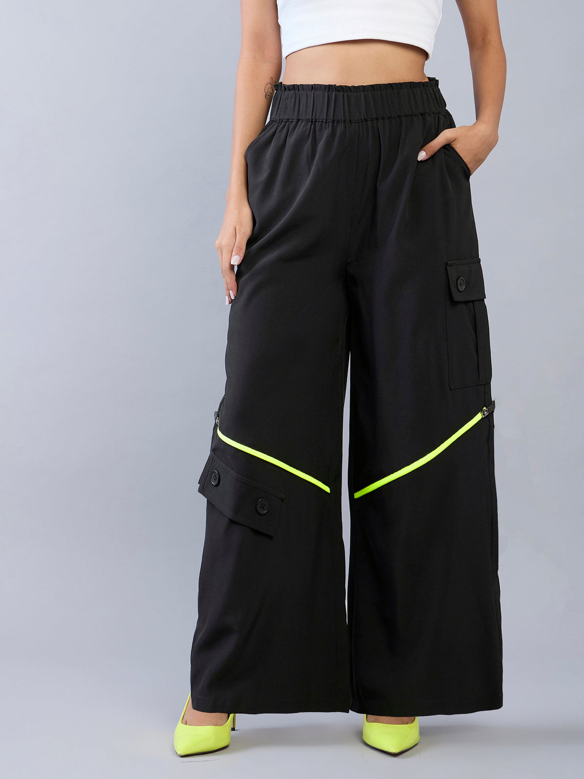 Girls Black Neon Zipper Detail Parachute Cargos