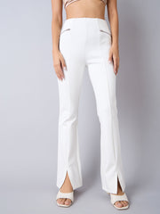 Girls White Front Slit Bell Bottom Zipper Detail Pants