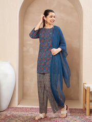 Grils Blue Floral Kurta With Pants & Dupatta