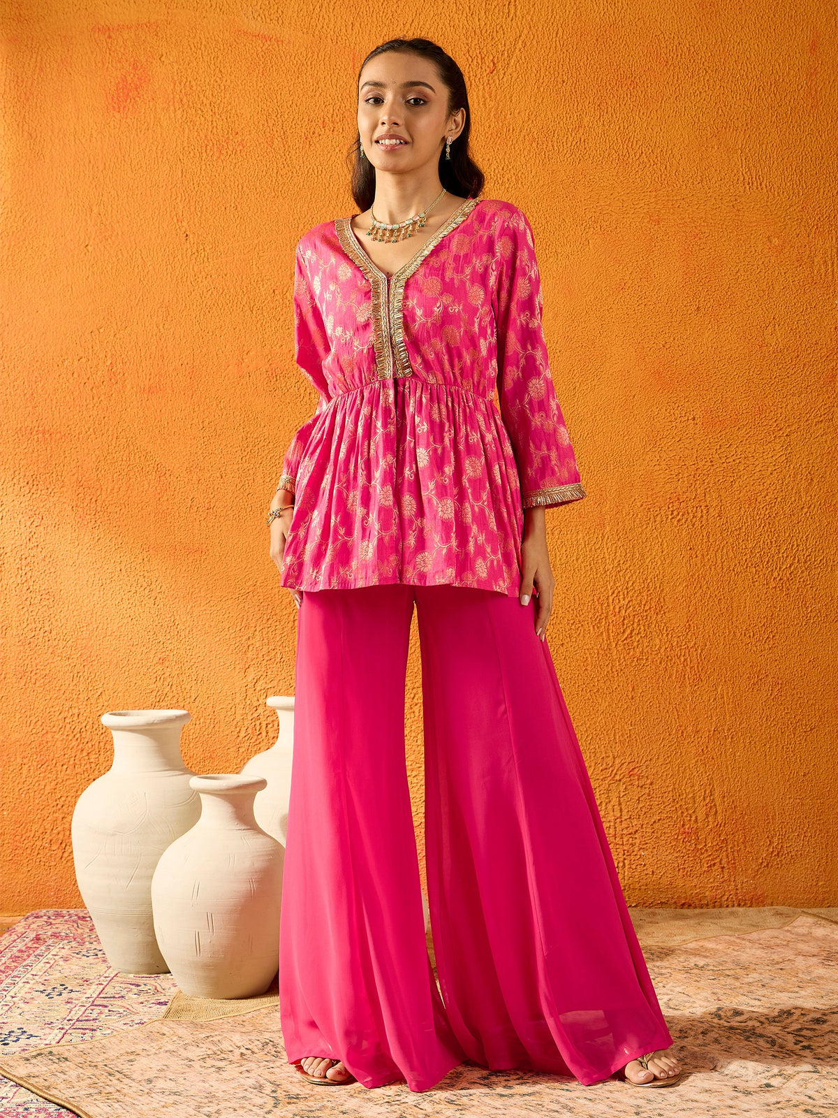 Girls Fuchsia Brocade V- Neck Peplum Top With Palazzos