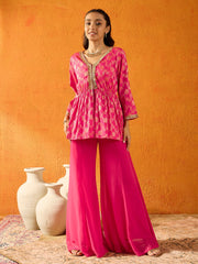 Girls Fuchsia Brocade V- Neck Peplum Top With Palazzos