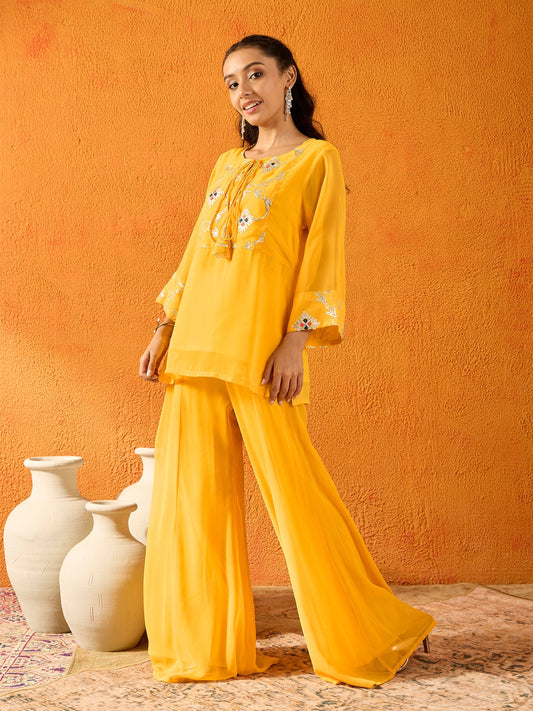 Girls Yellow Gota Embroidered Top With Palazzos