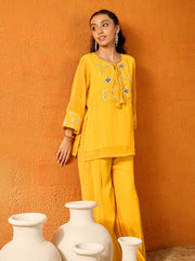 Girls Yellow Gota Embroidered Top With Palazzos