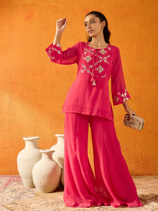 Girls Fuchsia Gota Embroidered Top With Palazzos