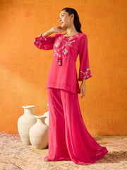 Girls Fuchsia Gota Embroidered Top With Palazzos