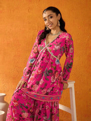 Girls Fuchsia Floral Peplum Top with Sharara Pants