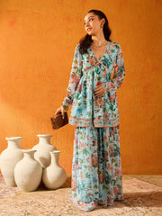 Girls Blue Floral Peplum Top With Sharara Pants