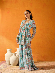 Girls Blue Floral Peplum Top With Sharara Pants