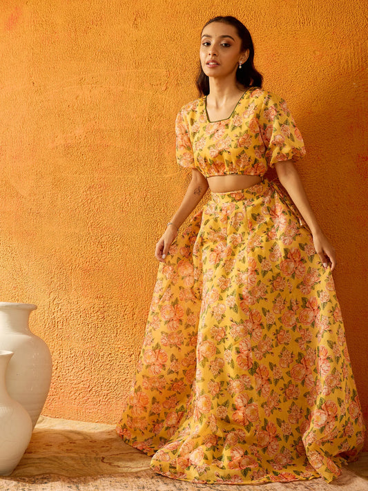 Girls Yellow Floral Skirt With Crop Top