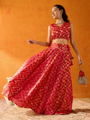 Girls Red &Fuchsia Brocade Skirt With Crop Top