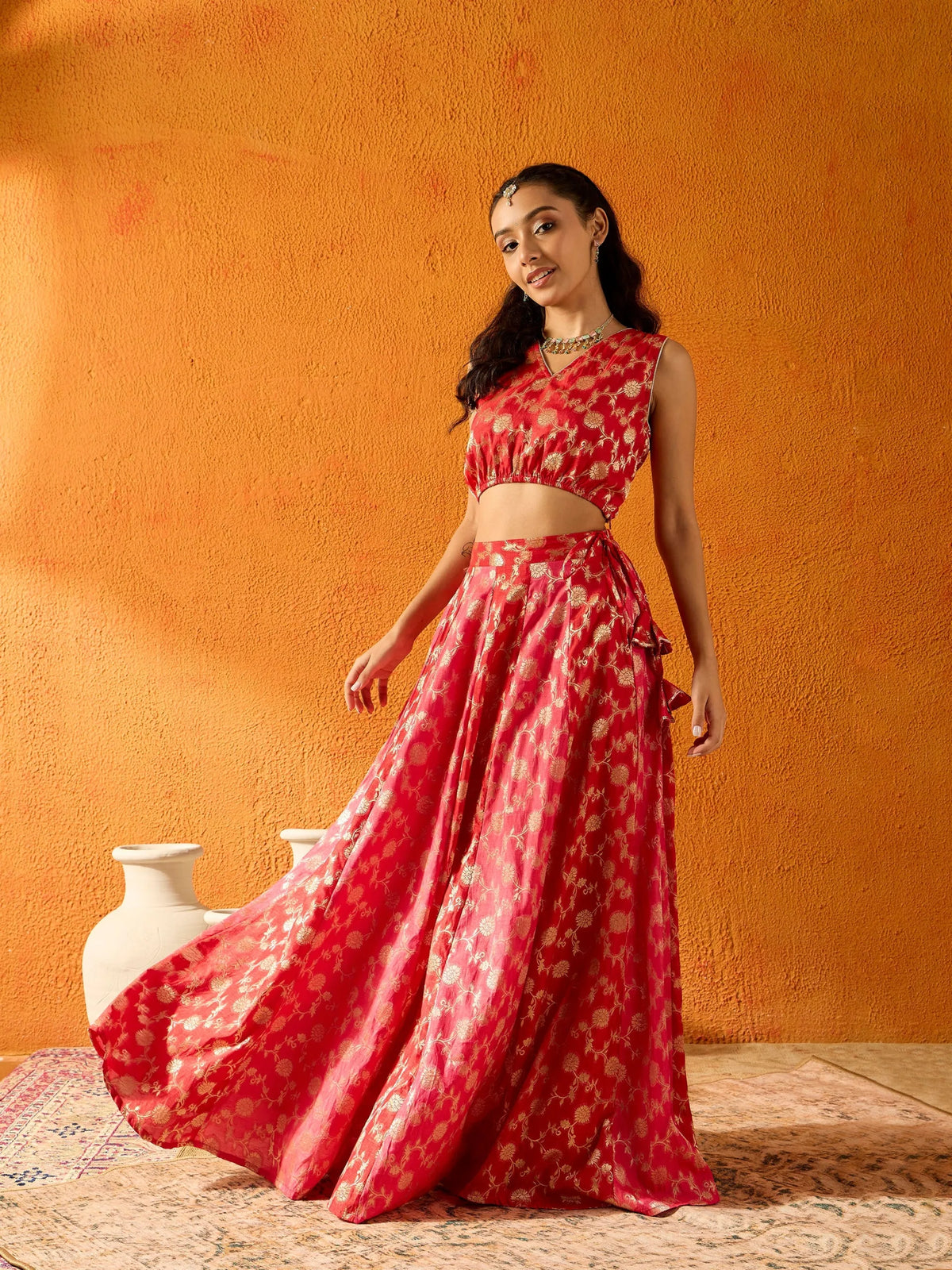 Girls Red &Fuchsia Brocade Skirt With Crop Top