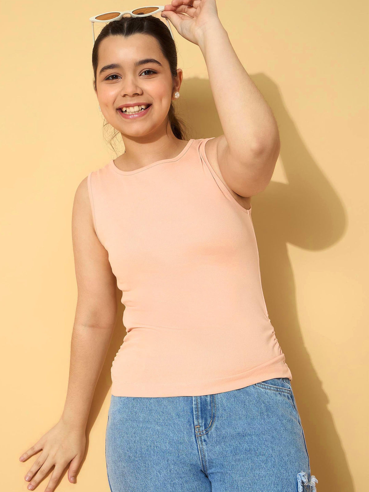 Grils Peach Rib Sleeveless Side Ruching Top
