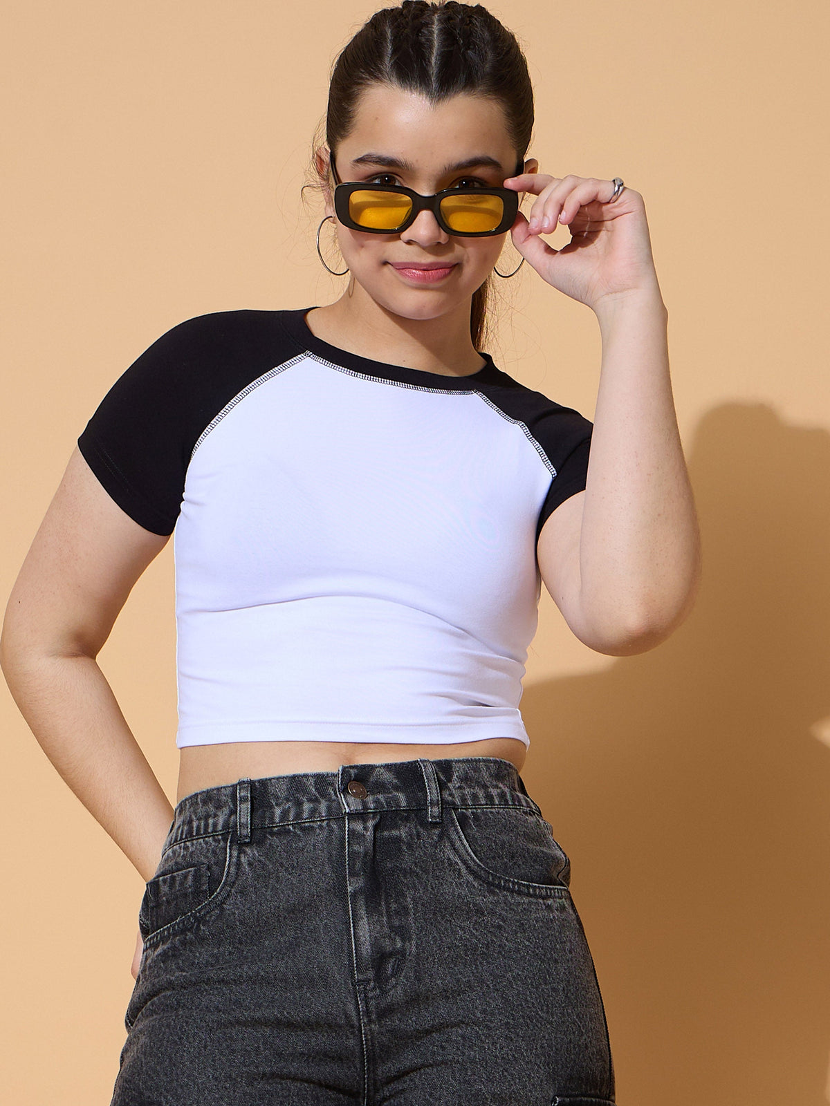 Grils White & Black ColorBlock Crop Top