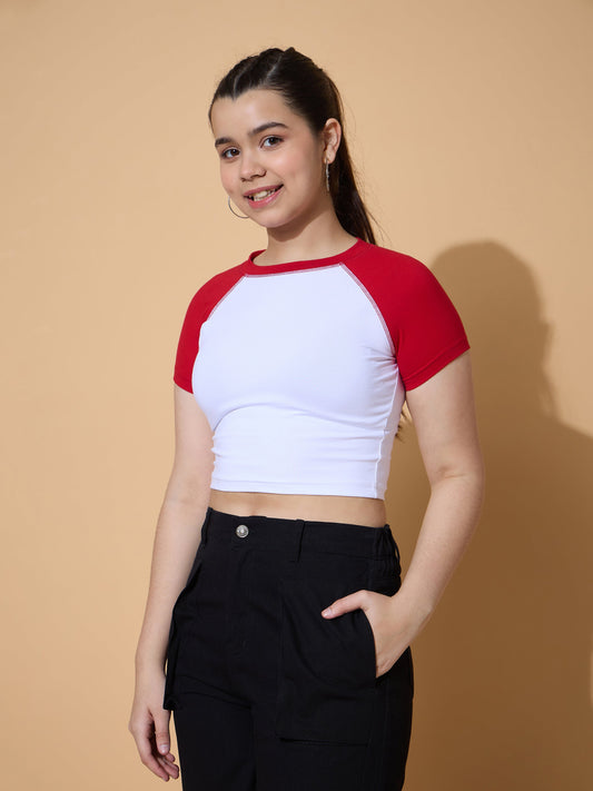 Grils White & Red ColorBlock Crop Top