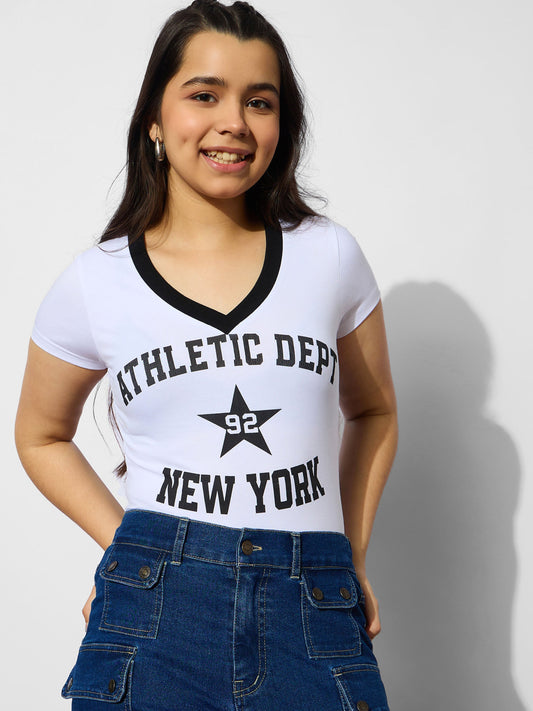 Grils White NEW YORK Print Cotton Spandex Crop T-shirt