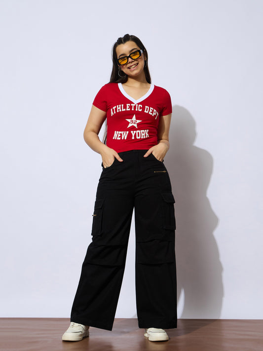 Grils Red NEW YORK Print Cotton Spandex Crop T-shirt