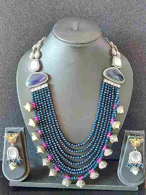 Navy Beaded Long Rukmani Stone-Studded Necklace Set