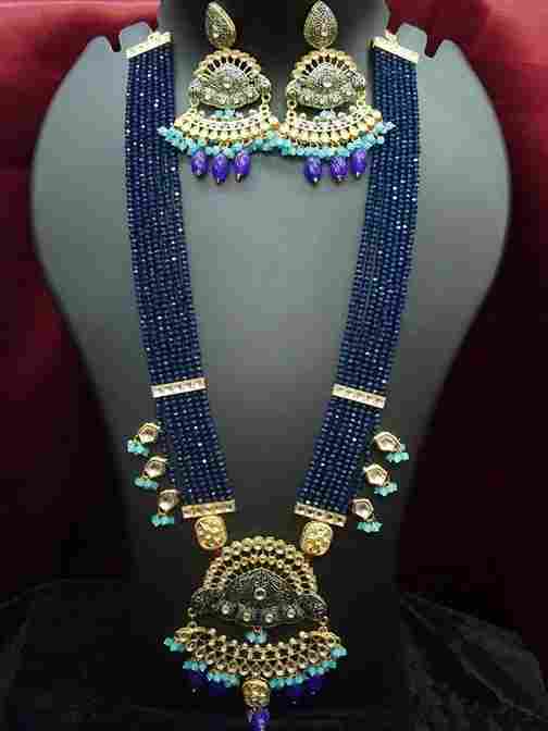 Navy Beaded Stone-Studded Necklace Set