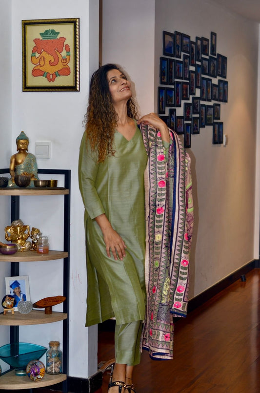 Pista Green Suit set and Kalamkari handwork Dupatta