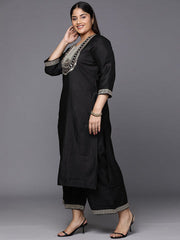 Indo Era - Plus Size Black Embroidered Sequinned Kurta with Palazzos & Dupatta