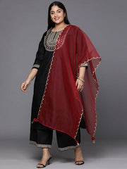 Indo Era - Plus Size Black Embroidered Sequinned Kurta with Palazzos & Dupatta