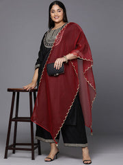 Indo Era - Plus Size Black Embroidered Sequinned Kurta with Palazzos & Dupatta