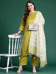 Indo Era - Plus Size Olive Embroidered A-Line Kurta Trousers With Dupatta Set