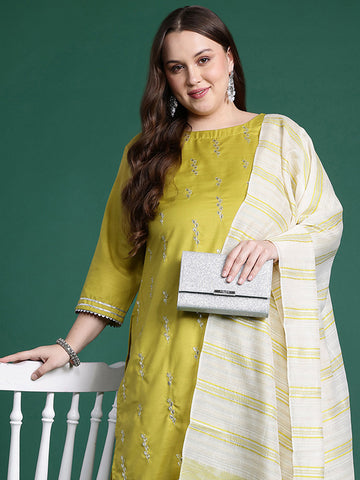 Indo Era - Plus Size Olive Embroidered A-Line Kurta Trousers With Dupatta Set