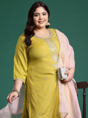 Indo Era - Plus Size Olive Embroidered A-Line Kurta Trousers With Dupatta Set