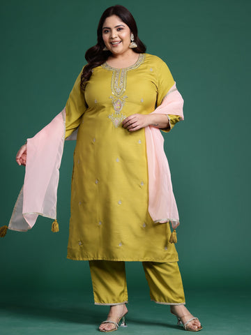 Indo Era - Plus Size Olive Embroidered A-Line Kurta Trousers With Dupatta Set