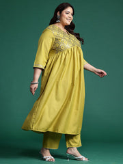 Indo Era - Plus Size Olive Embroidered A-Line Kurta Trousers With Dupatta Set