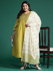 Indo Era - Plus Size Olive Embroidered A-Line Kurta Trousers With Dupatta Set