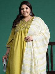 Indo Era - Plus Size Olive Embroidered A-Line Kurta Trousers With Dupatta Set